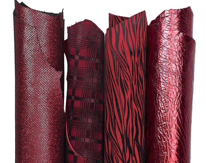 Set of 4 red leather skins, METALLIC, FLOCK pattern, printed goatskins for hobbyists B18349-MT(st)  La Garzarara
