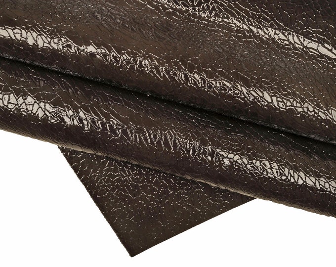 Petroleum green and dark grey PATENT leather hide, crackle like printed cowhide, glossy calfskin, medium softness B15875-ST La Garzarara