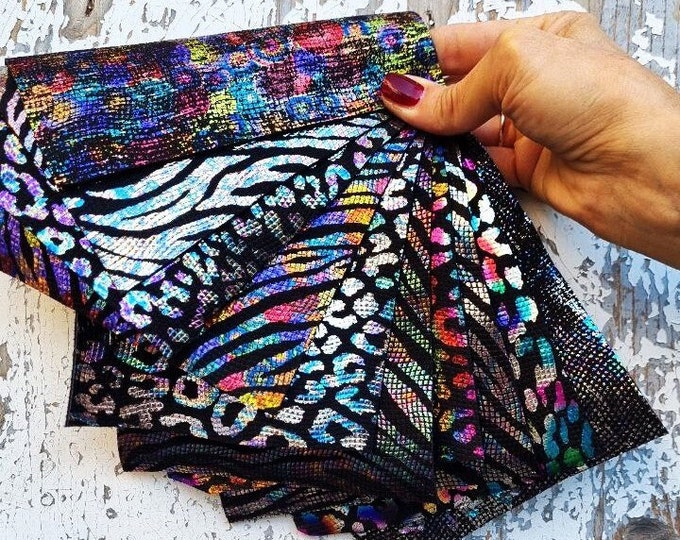 10 Selected leather scraps, HOLOGRAPHIC animal prints, mix colorful selection leather remnants as per pictures  RT18/B La Garzarara