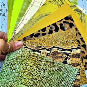 10 Ritagli di pellami unici selezionati, laminati, stampati, VERDE e GIALLO, pezzi di pelle mix fantasie come da foto RT75/B