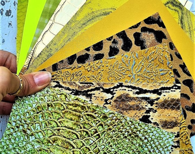 10 Selected leather scraps, GREEN and YELLOW metallic, textured, oleographic, mix colorful selection leather remnants as per pictures RT75/B