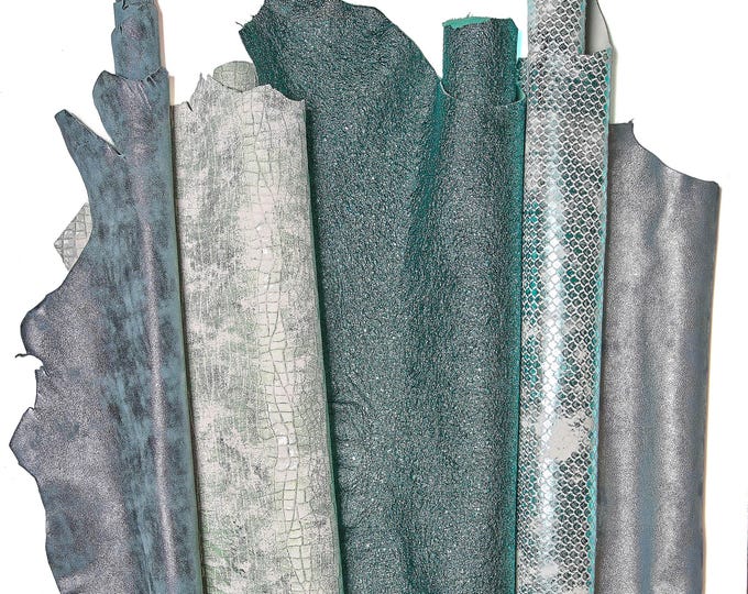 Full Leather skins GREEN palette, RANDOM assortment, mix of patterns and solid colors, crafting leather bundles  B138   La Garzarara
