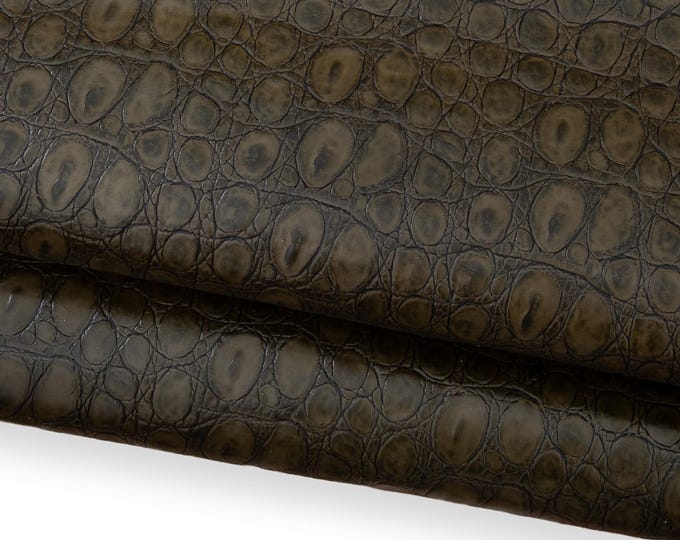 Mud brown CROCODILE printed leather hide, glossy soft animal embossed cowhide, luxurious calfskin for crafters B18721-ST  La Garzarara
