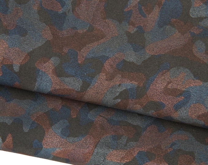 CAMOUFLAGE textured leather hide, brown black blue printed SUEDE cow hide, mimetic pattern on soft split calfskin B18919-ST La Garzarara