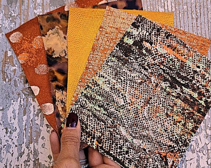 5 Selected leather scraps, ORANGE and BROWN tones, printed and metalic printed,mix selection leather pieces as per pictures RT249