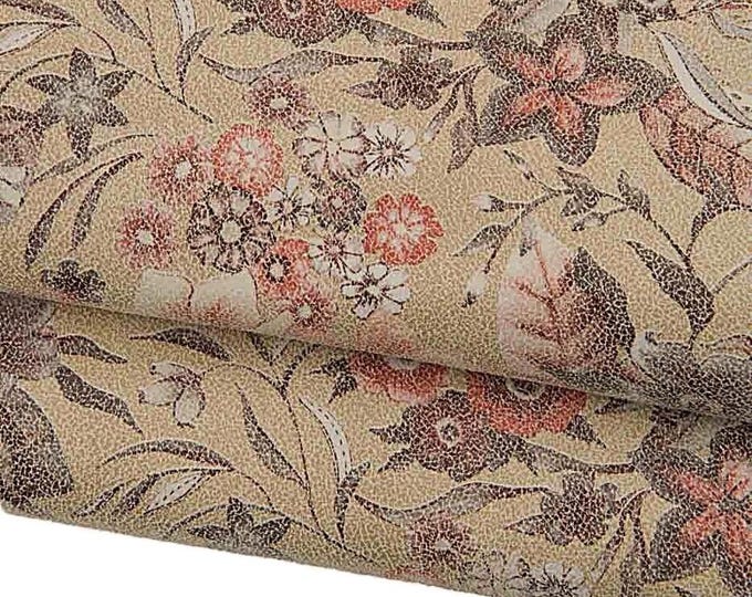 FLORAL print with CRACKLE pattern on leather skin, flower texture on glossy goatskin, light brown soft hide B18877-ST   La Garzarara