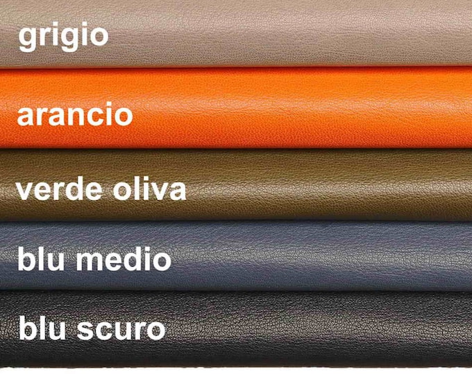 Natural Shiny goatskin leather, pebble grainy grain textured skins - Blue orange green grey  hides - soft goat leather skins   B13664-TU/F