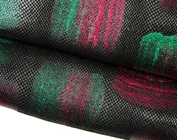 Metallic GLITTER leather skin, red green on dark grey REPTILE basis, hand painted goatskin B18400-DM La Garzarara
