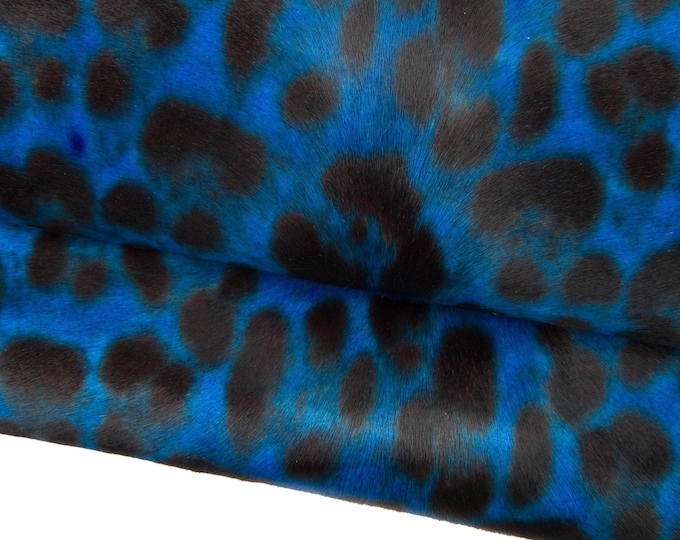 Animal printed pony calfskin, blue - black LEOPARD textured HAIR ON leather hide, cheetah pattern on cowhide B18639-cv   La Garzarara
