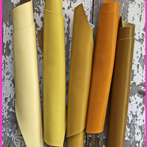 5 ritagli di pellami unici selezionati, pezzi di pelle di vitello lisci assortimento nei toni del GIALLO come da foto   RT125   La Garzarara