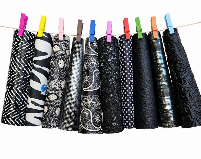 10 Black and White Leather Scraps, Patterned Leather Offcuts, Mixed Texture Pieces for Crafts6x5" / 15x12 cm  RT348
