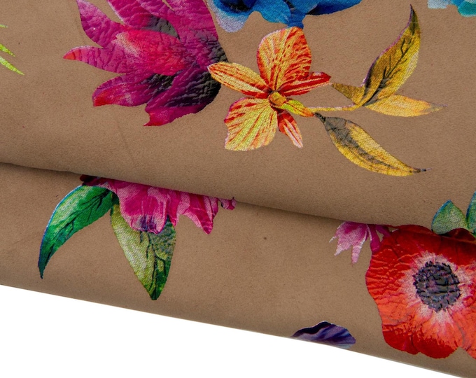 FLORAL print on taupe leather skin, MULTICOLOR flower textured suede goatskin, hide for hobbyists B17815-ST La Garzarara