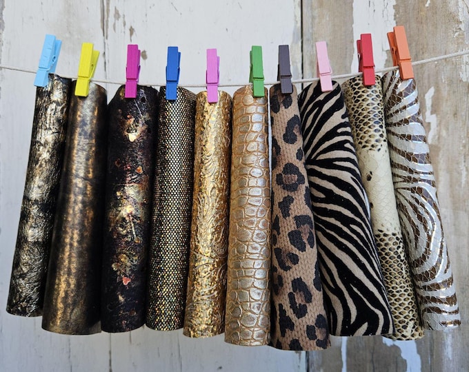 10 Gold and bronze printed leather scraps SELECTED selection, zebra, cheetah, python floral and abstract offcuts  6x5" / 15x12 cm  RT343