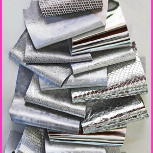 Sac de chutes de cuir mixtes, couleur ARGENT, imprimés, motifs et douceurs diverses 0,300 kg B1350-RC La Garzarara