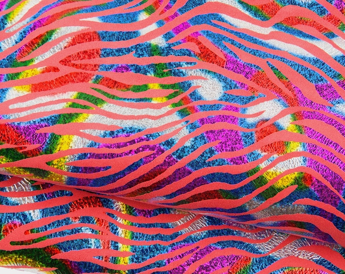 IRIDESCENT multicolor ZEBRA printed leather skin, colorful metallic animal print on pink suede goatskin B18961-MT(st)   La Garzarara