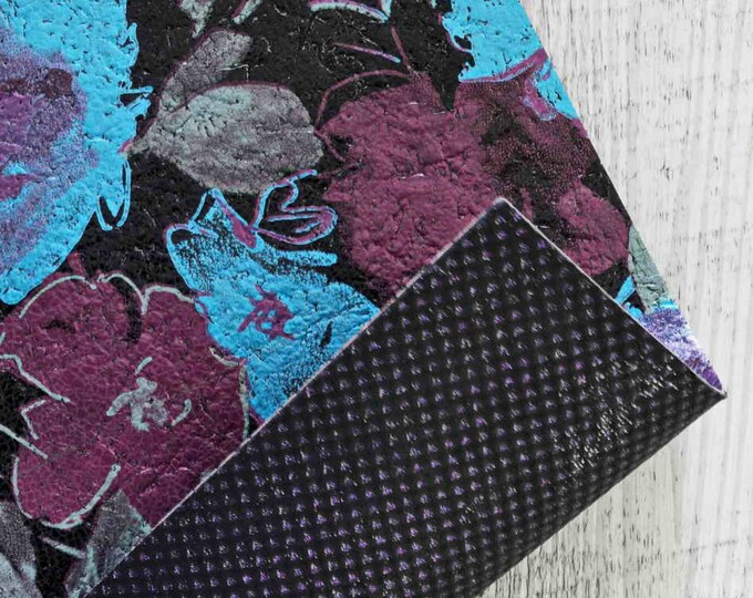 Cork Leather - blue and pink metallic floral print - Cork Printed Leather - Metallic black and fuchsia Cowhide Backed Cork Sheets B935