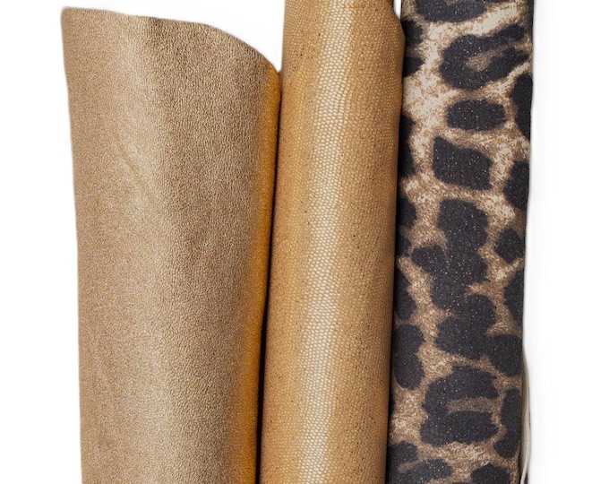 Assortment of GOLD leather skins, pack of 3 ANIMAL printed goatskins, top quality matching hides for diy projects B19518-MT(st) La Garzarara