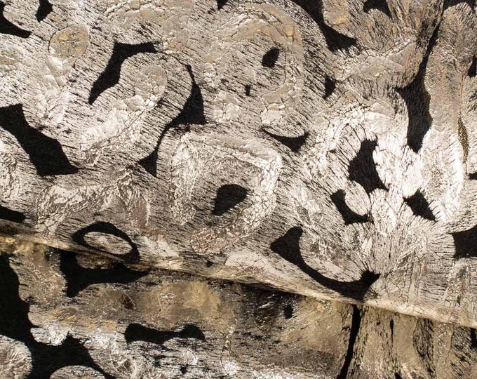 LEOPARD textured hair on leather hide, light gold ANIMAL print on dark green pony calfskin, soft hairy cowhide B19686-CV La Garzarara