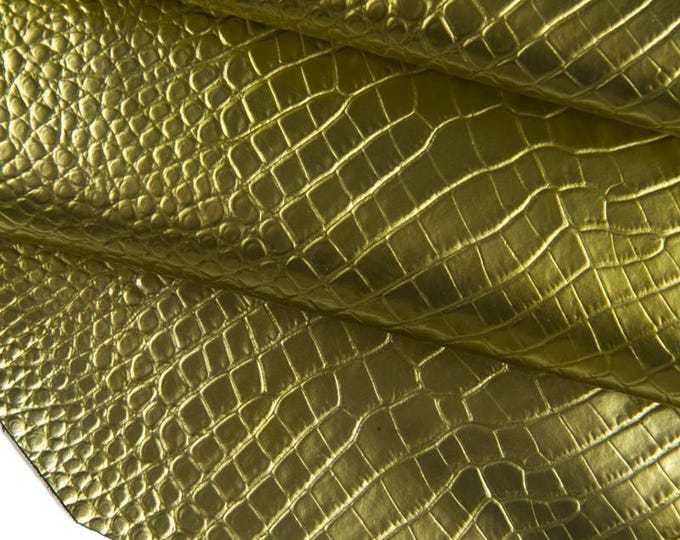 GOLD crocodile embossed leather hide, metallic CROC printed cowhide, glossy calfskin 1.0 - 1.2 mm B16657-MT(st)  La Garzarara