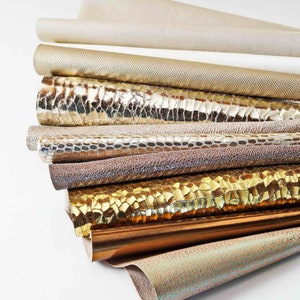 Mix leather scraps GOLD, PLATINUM and BEIGE fancy textures, foils and softness various, 10 or italian leather pieces for crafts B086 image 2