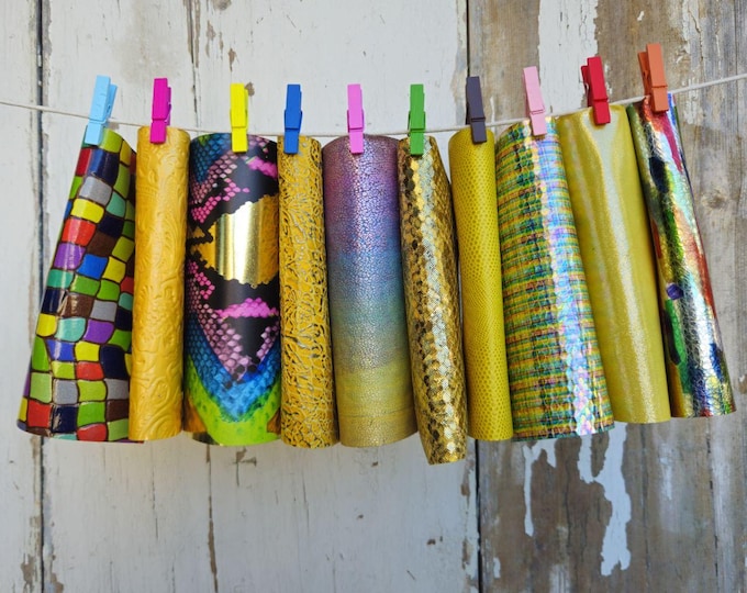 10 Colorful and bright printed leather scraps SELECTED selection, YELLOW tone, various prints, leather offcuts  6x5" / 15x12 cm  RT344