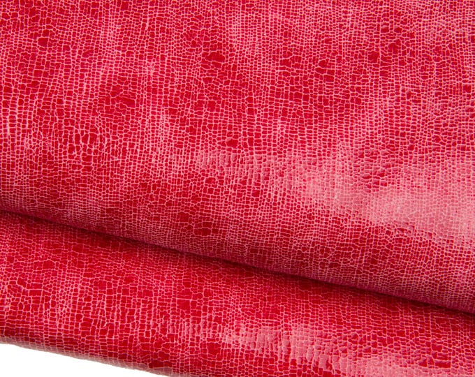 Red GLOSSY printed leather hide, CRACKLE texture on soft cowhide, metallic sporty calfskin for crafters   B18715-ST La Garzarara