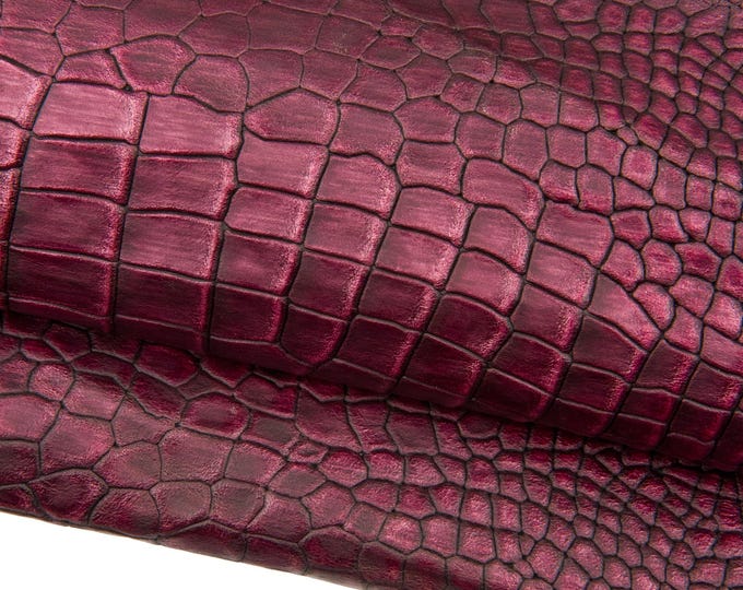 Burgundy CROCODILE embossed leather hide, ALLIGATOR print on calfskin, semi - glossy shaded cowhide for crafting B18689-ST La Garzarara