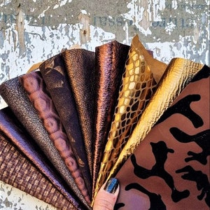 10 Selected leather SCRAPS, brown tones, mix METALLIC printed selection of leather  remnants as per pictures