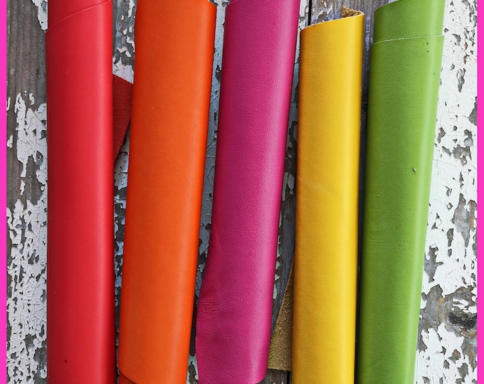 5 selected leather pieces, bright colorful palette, smooth calf leather remnants as per pictures    RT122   La Garzarara