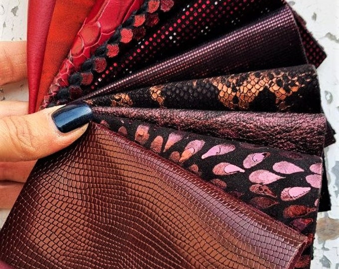 10 Selected leather scraps, color RED, various printed and foils, mix selection pre-cut leather remnants as per pictures  R100  La Garzarara