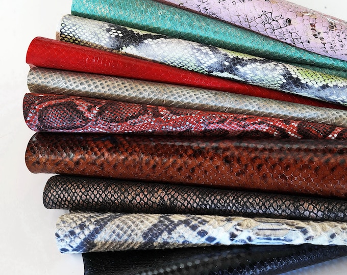 Reptile embossed leather scraps, random reptile pieces ,snake print remnants, mixed colors, smooth and grained 1lbs - 2lbs / 0.5-1 kg B096/B