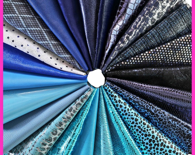 Leather SHEET BLUE, pre cut leather pieces random selection, mix metallic, printed cut off B14389-PZ La Garzarara