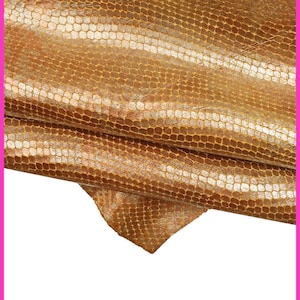 Tan ORANGE PYTHON printed leather skin, reptile metallic textured goatskin, snake print soft skin B15271-ST