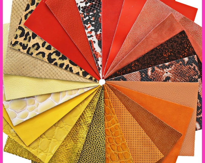 12 MIXED PIECES yellow and orange, pre cut leather hide, printed, metallic random selection 5 x 6 inches (15 x 12 cm) B14456-PZ La Garzarara