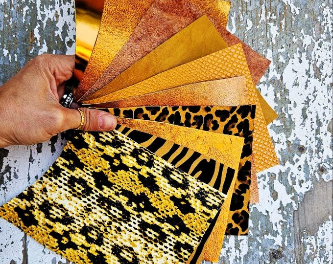 10 Selected leather scraps, YELLOW and ORANGE tones, printed and foils various, mix selection leather remnants as per pictures RT219