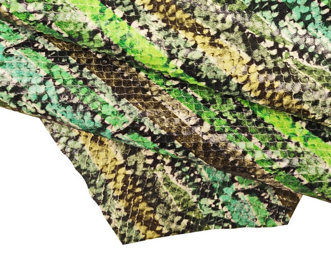 GREEN PYTHON printed leather hide, snake pattern on carved goatskin, reptile print on soft hide B15959-ST La Garzarara