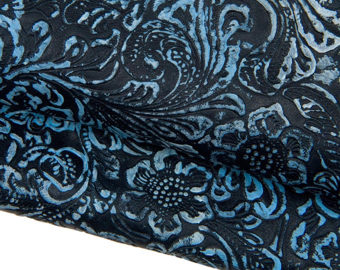 FLORAL textured leather hide, dark blue flower print goatskin with white and light blue decorations for diy B18401-DM   La Garzarara