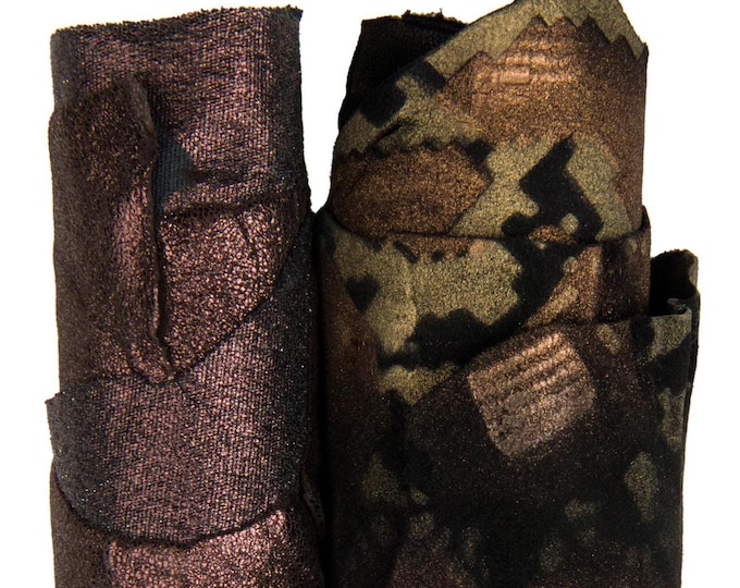 Lot of 2 brown matching leather hides, metallic elasticized and suede python printed goatskins with GLITTER  B18302-MT(st)  La Garzarara
