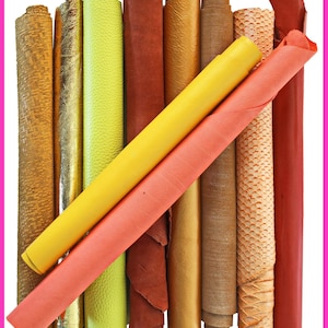 Mix leather scraps - YELLOW, GOLD and ORANGE tones - fancy textures, prints and softness various, 10 or 15 italian leather pieces   B095