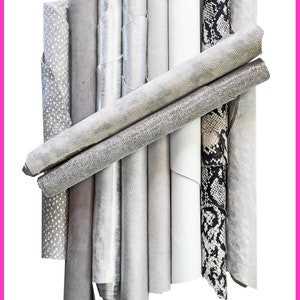 Scampoli di pelle miste, tonalità di BIANCO, GRIGIO e ARGENTO, stampe, lamine e fantasie varie, ideali per l'artigianato 10 o 15 pezzi  B085