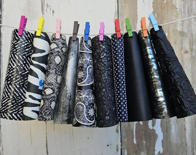10 BLACK printed leather scraps SELECTED selection, textured, zebra, polka dots, floral and abstract leather offcuts  6x5" / 15x12 cm  RT348
