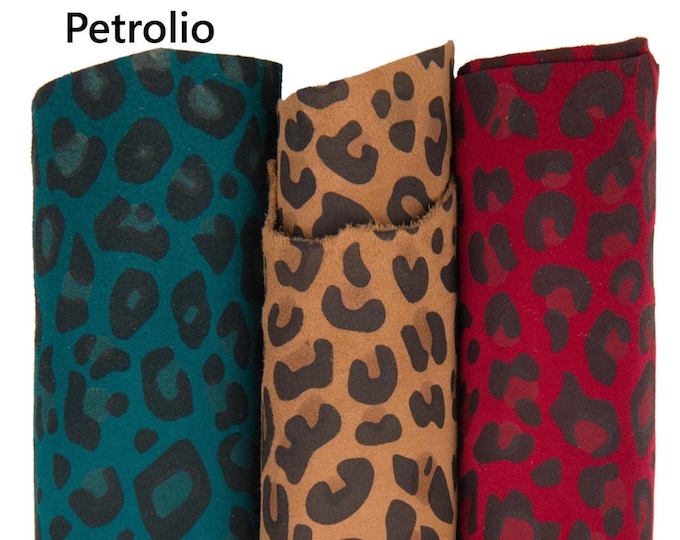 CHEETAH printed leather skin, LEOPARD textured suede goatskin, animal pattern on petroleum green, brown , burgundy soft skin B18682-ST