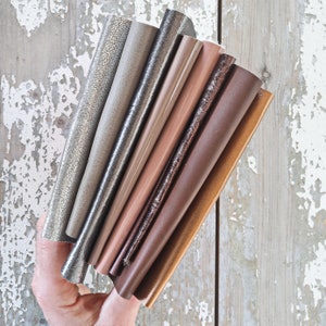 Ritagli di pelle TAUPE MARRONE GRIGIO, selezione casuale, scampoli laminati e non, tinta unita, lisci,grana e morbidezze varie  300 gr B1521