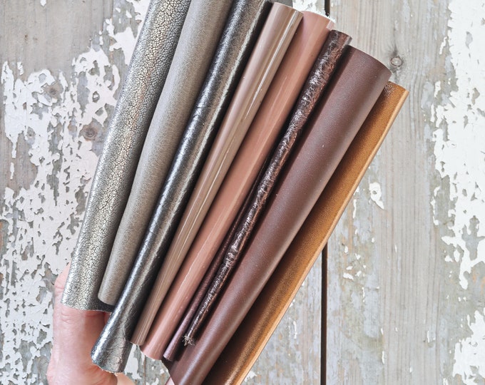 Assorted Leather Offcuts - 0.7 lbs Random Mix in Taupe, Brown, Grey -scraps for Crafting  B1521