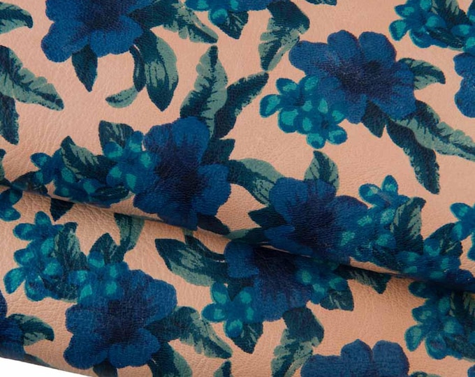 Green - blue FLORAL print on beige goatskin, smooth soft TEXTURED leather skin, for hobbysists B19422-ST La Garzarara