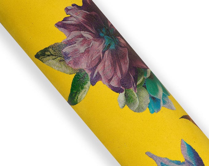 FLORAL print on yellow leather skin, MULTICOLOR flower textured suede goatskin, hide for hobbyists B17814-ST La Garzarara