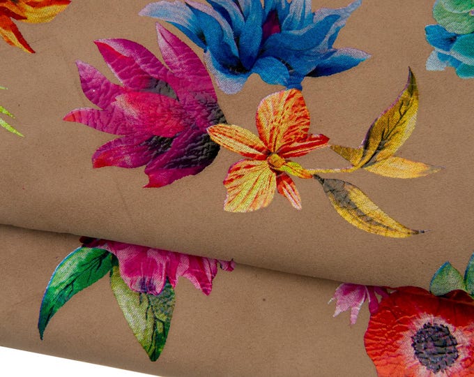 FLORAL print on taupe leather skin, MULTICOLOR flower textured suede goatskin, hide for hobbyists B17815-ST La Garzarara