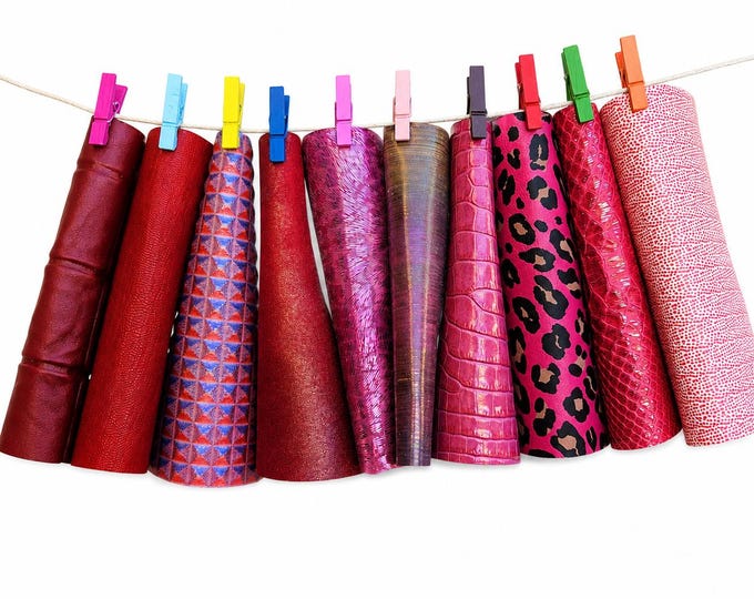 10 Leather Pieces for Crafts, Red Fuchsia Pink Scraps, Small Genuine Leather Offcuts for DIY  6x5" / 15x12 cm  RT346