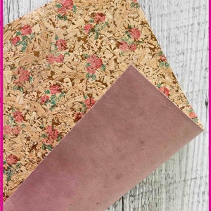 Fogli di SUGHERO naturale stampa floreale e PELLE di vitello color rosa accoppiata nel retro  B923  La Garzarara