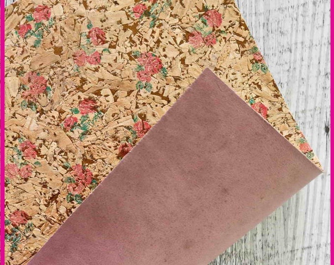 NEW cork leather! pink green floral print - cork backed leather 4 x6" 8x10” 12x12"   B923
